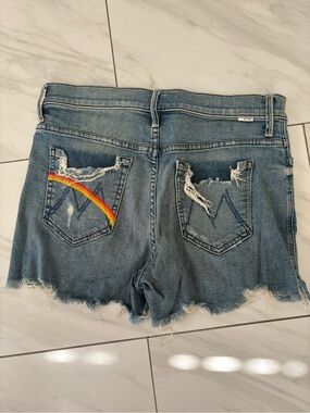 MOTHER Blue Denim Cutoff Shorts with Rainbow Back Pocket